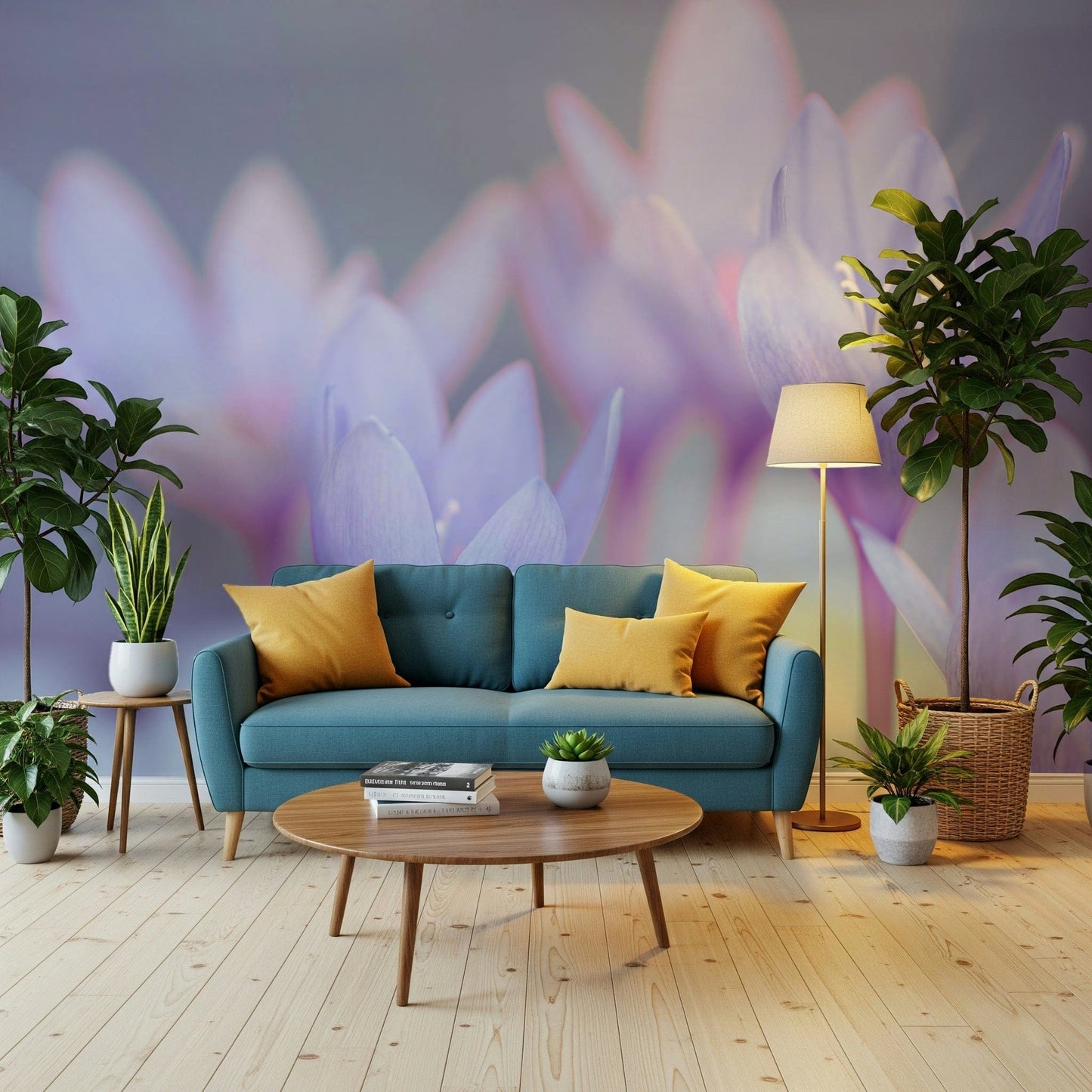 Minimal floral wall mural in pastel shades