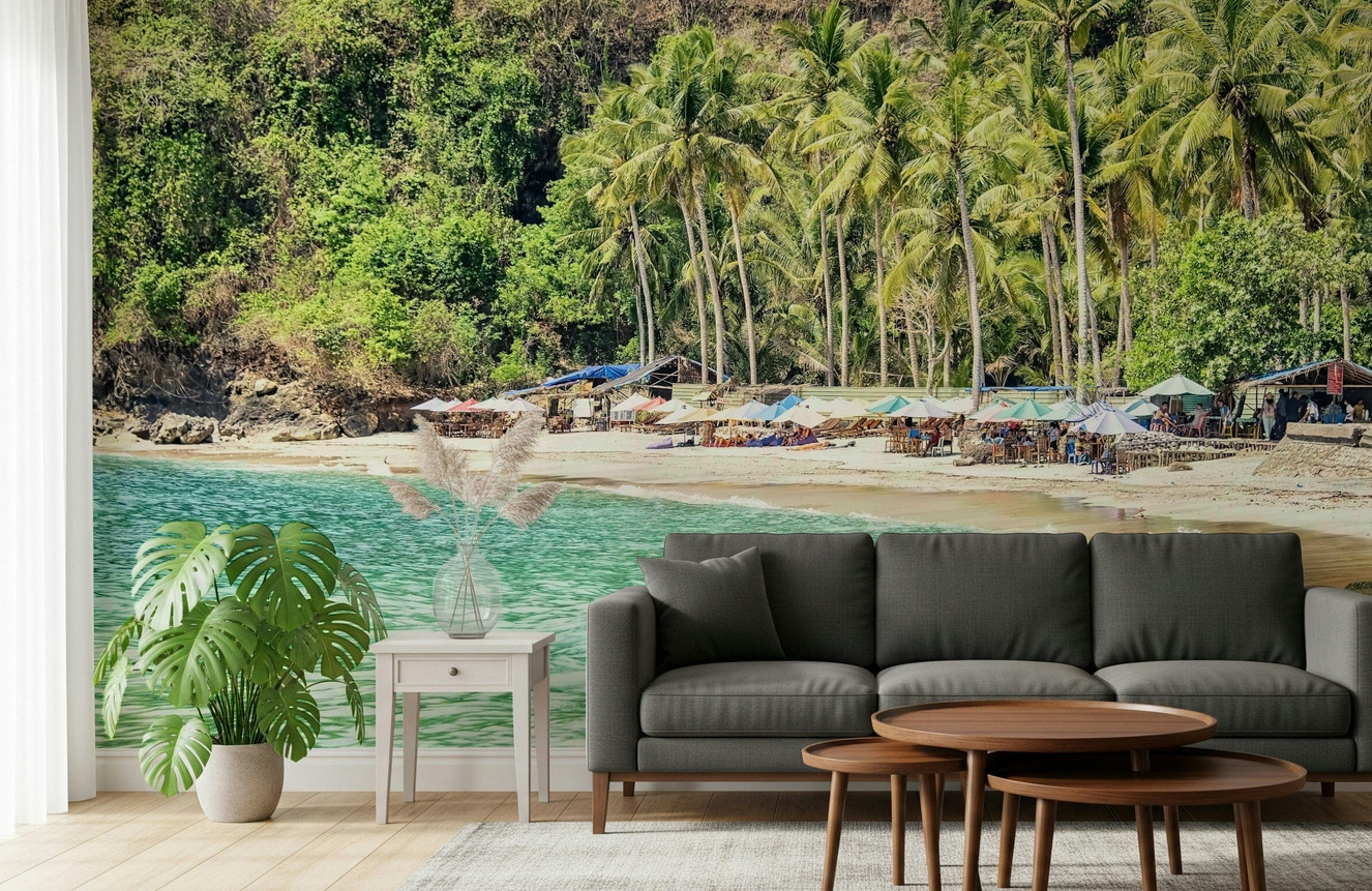 Crystal Bay seaside cove wallpaper for walls featuring palms.