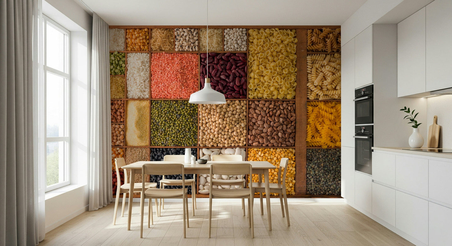 Varied food textures in wood squares, a Culinary Canvas wall mural design.