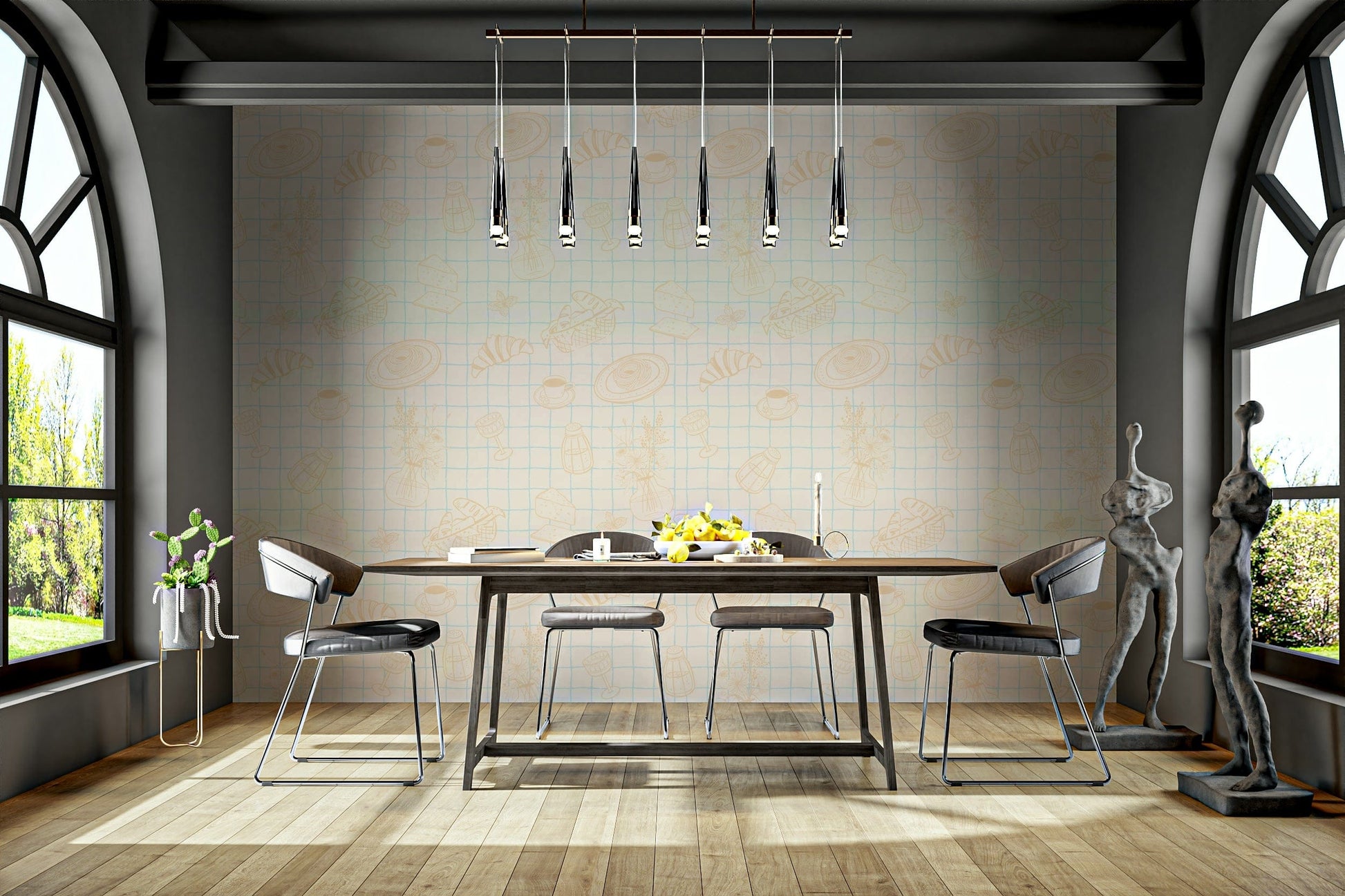 A peaceful wall mural with a whimsical, hand-drawn design.

