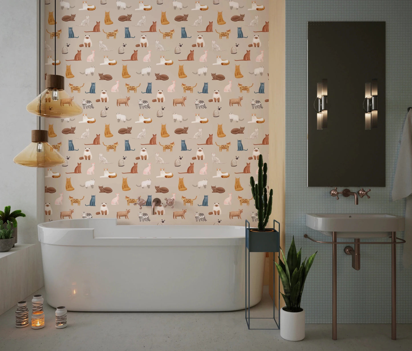 Curious Cats in beige Wallpaper⁠