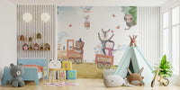 Kid-friendly wallpaper with a vibrant train of cheerful animals on an adventure.
