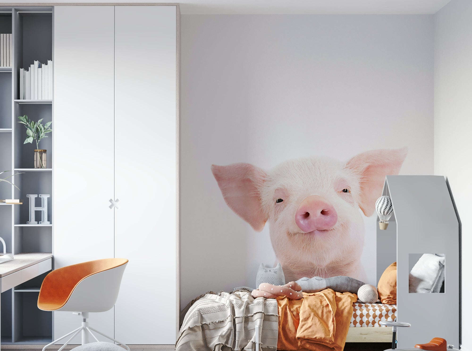 Baby Piglet wallpaper mural of a smiling pink piglet in a kids room with white wardrobe and bed