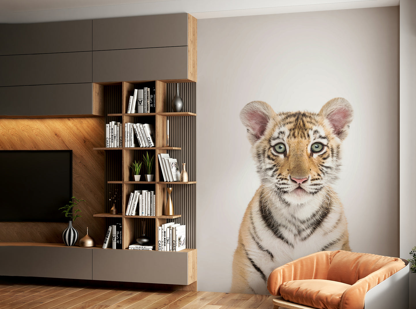 Jungle-themed baby tiger mural for kids’ decor

