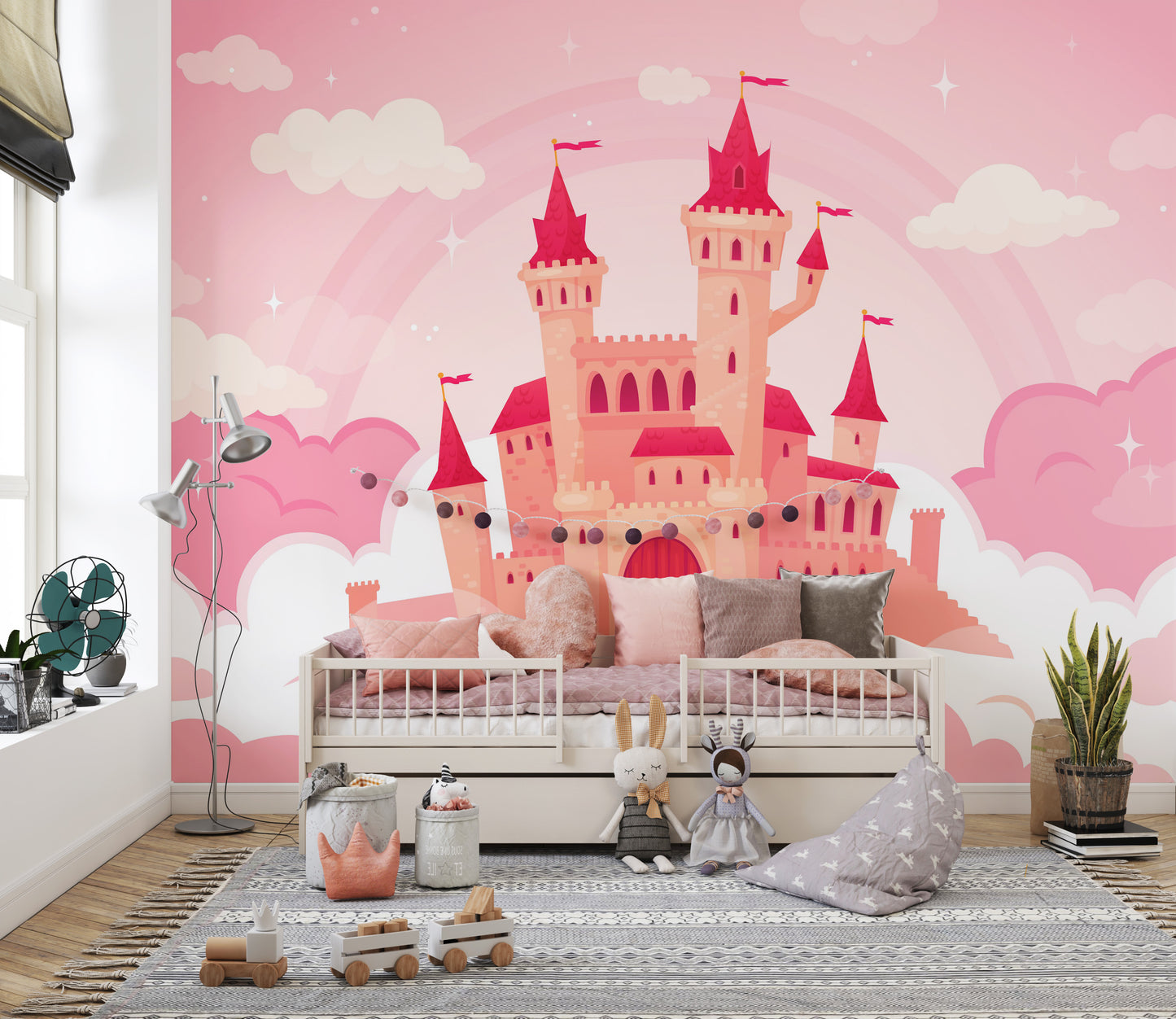 Cute Cartoon Castle in Pink Clouds wallpaper mural styled along a hallway feature wall near a console in pink tones
