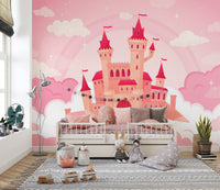 Cute Cartoon Castle in Pink Clouds wallpaper mural styled along a hallway feature wall near a console in pink tones