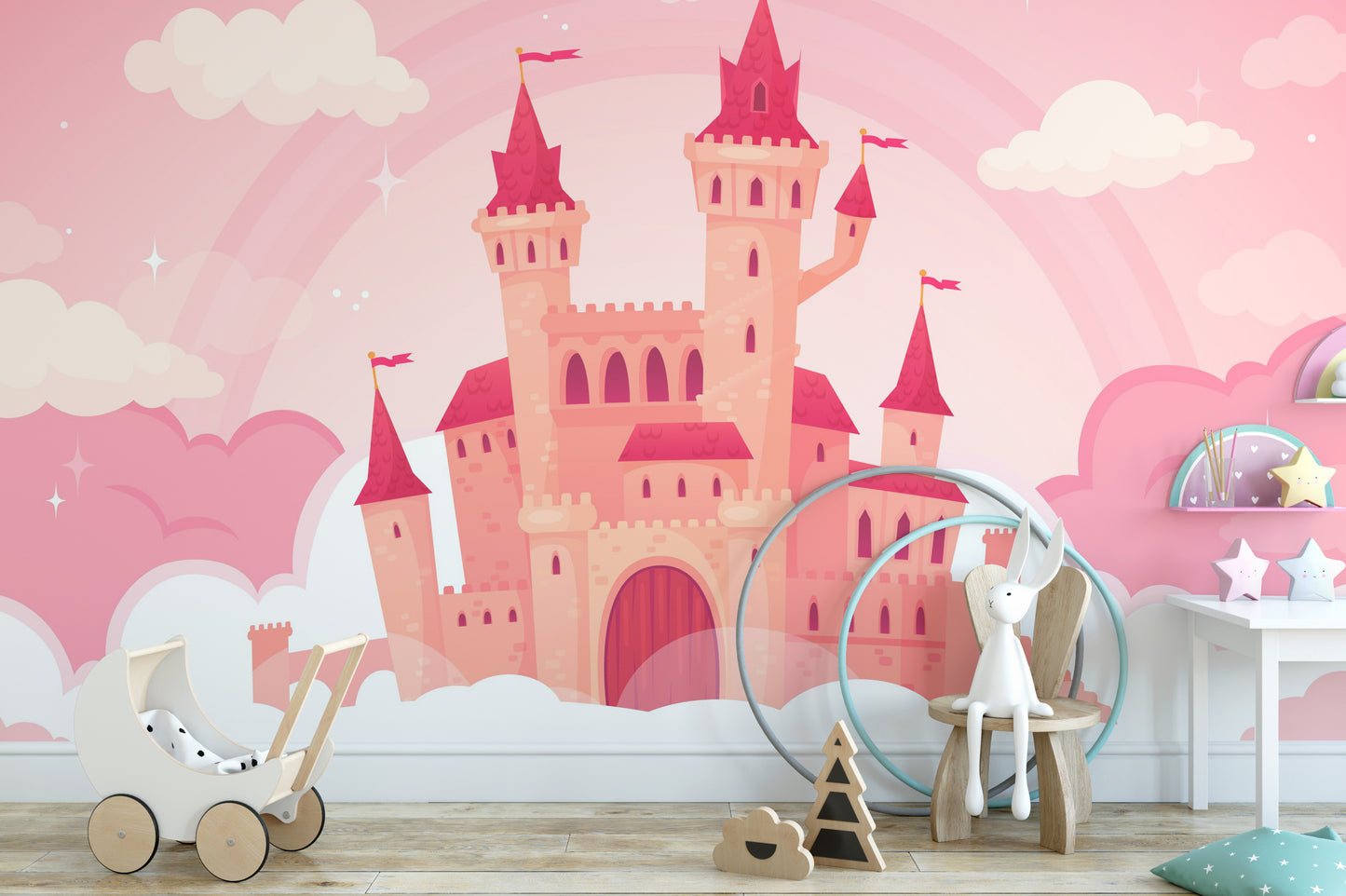 Cute Cartoon Castle in Pink Clouds wallpaper mural as a feature wall in a home office workspace in pink tones