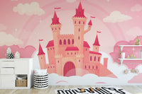 Cute Cartoon Castle in Pink Clouds wallpaper mural styled as a feature wall behind a dining table and chairs in pink tones