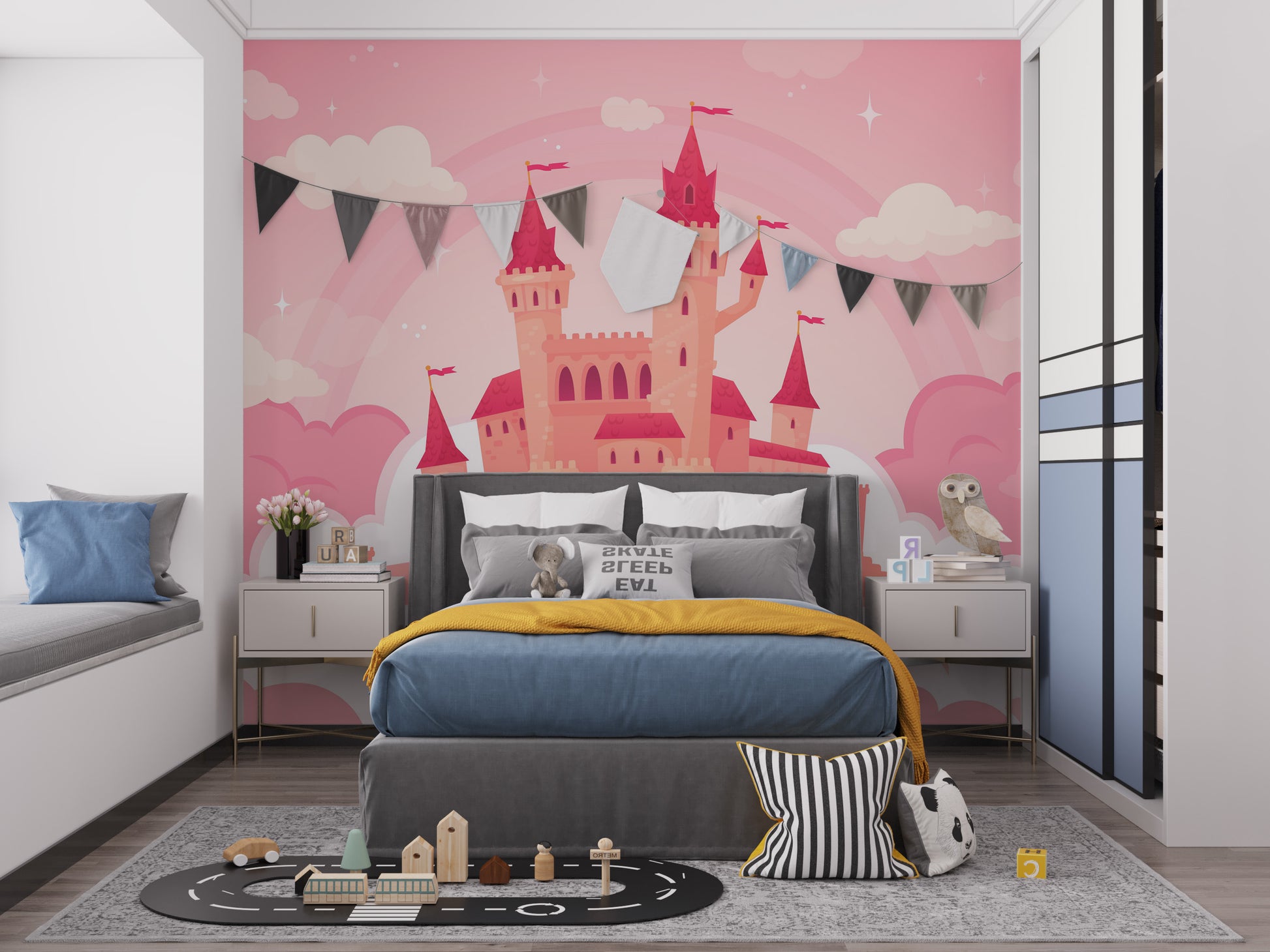 Cute Cartoon Castle in Pink Clouds wallpaper mural as a bedroom feature wall behind the headboard in pink tones