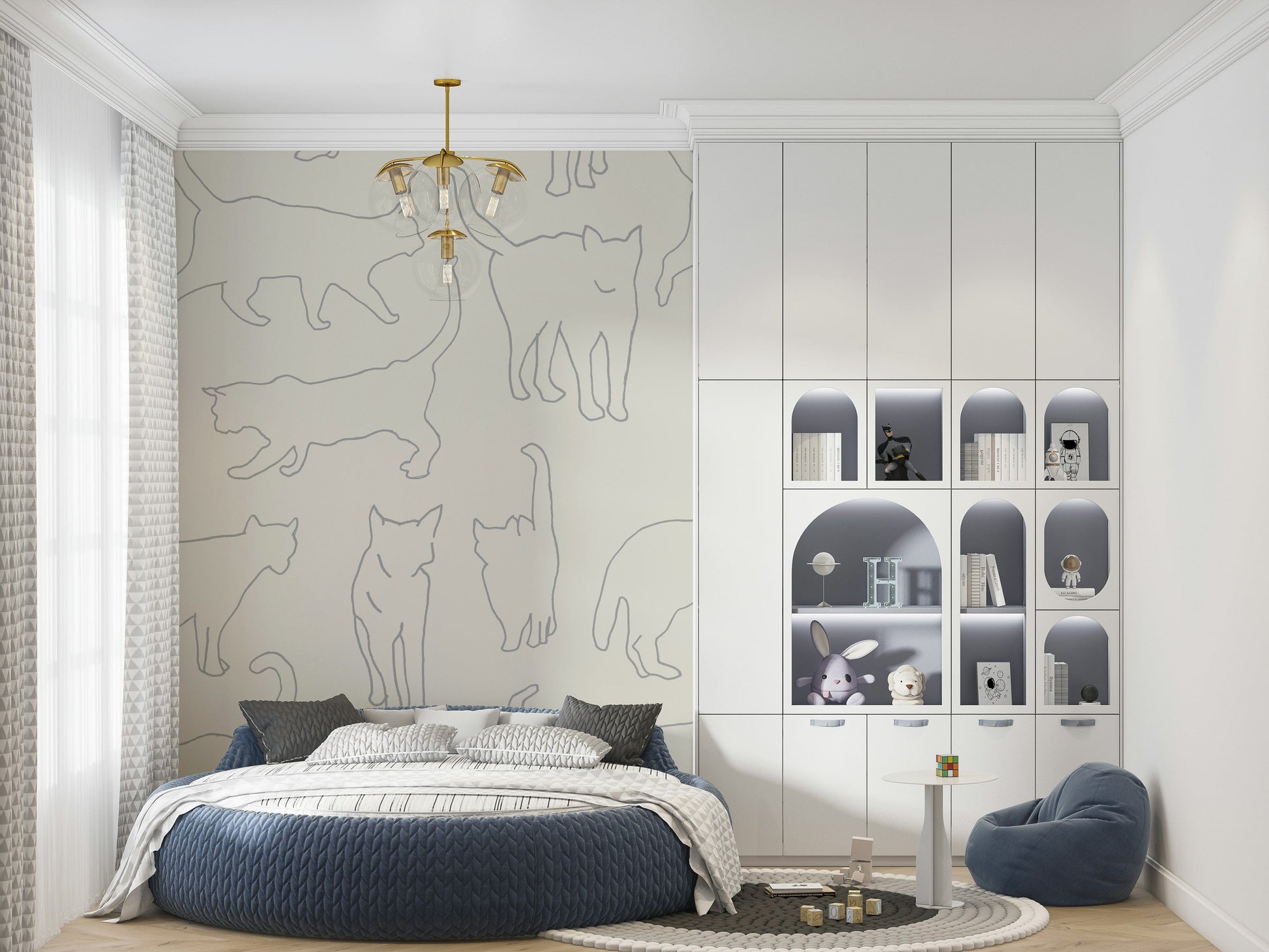 Hand-Drawn Cat Wall Mural – Decorative mural showcasing expressive cat sketches in a sophisticated, modern style.
