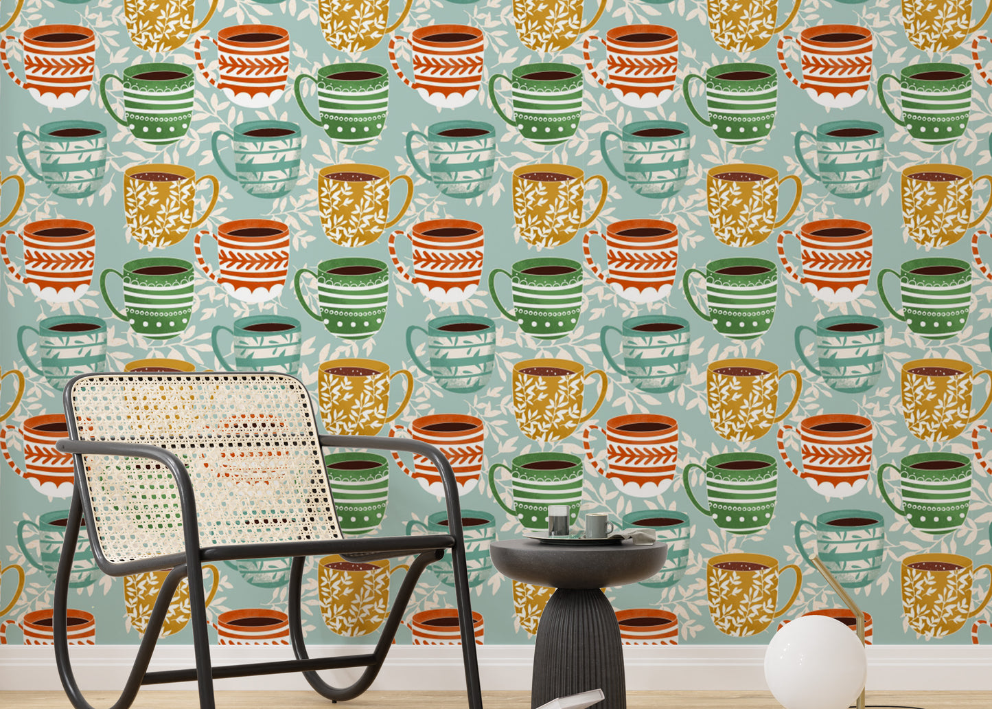 Whimsical coffee mug wallpaper for living space
