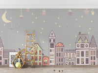 Illustrated wallpaper featuring adorable houses and stars