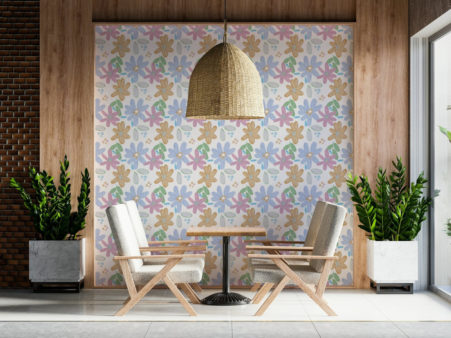 Playful oil-painted flower wallpaper with thick, expressive brushstrokes.