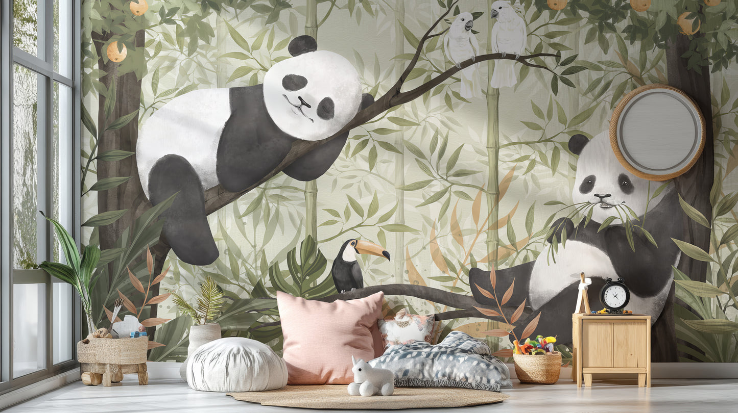 Peaceful Panda Canopy wallpaper mural of pandas and toucan in bamboo above floor cushions and a pink pillow