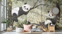 Peaceful Panda Canopy wallpaper mural of pandas and toucan in bamboo above floor cushions and a pink pillow