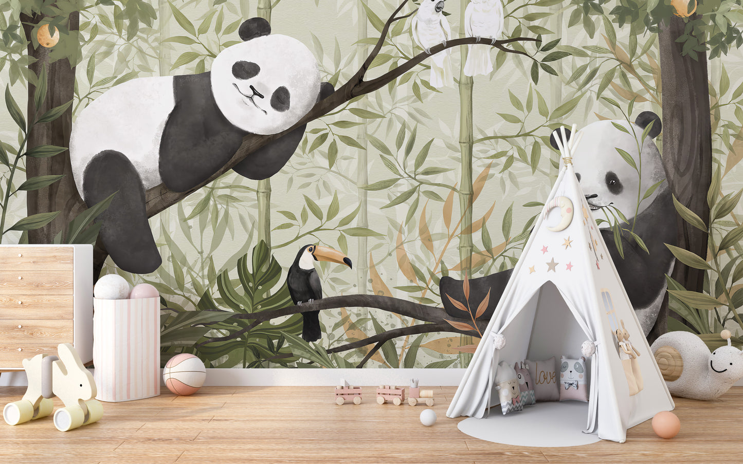 Peaceful Panda Canopy wallpaper mural with pandas in bamboo behind a white teepee tent in a nursery playroom