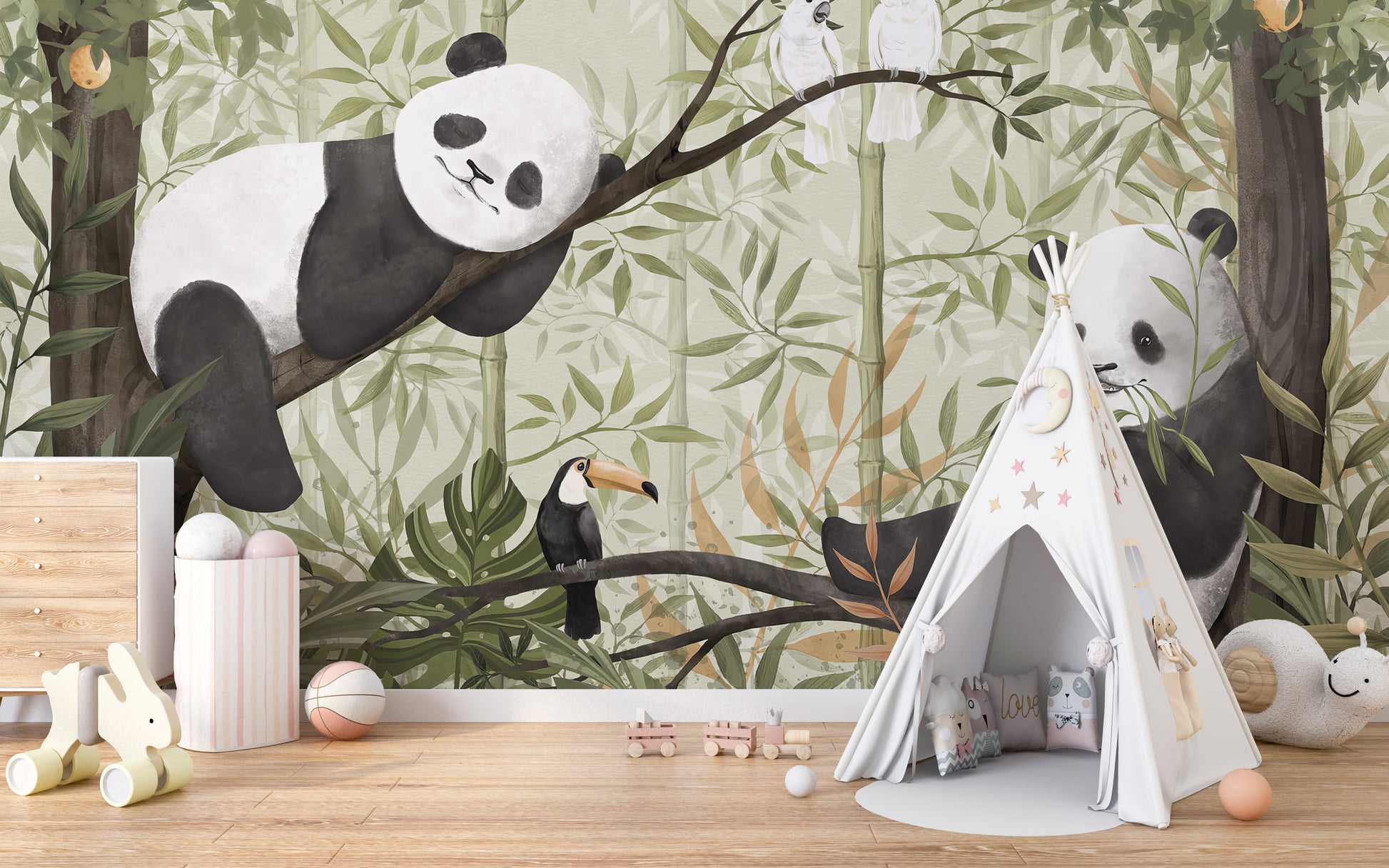 Peaceful Panda Canopy wallpaper mural with pandas in bamboo behind a white teepee tent in a nursery playroom