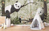 Peaceful Panda Canopy wallpaper mural with pandas in bamboo behind a white teepee tent in a nursery playroom