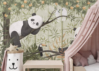 Peaceful Panda Canopy wallpaper mural of pandas, toucan and cockatoos in green bamboo beside a pink canopy kids bed