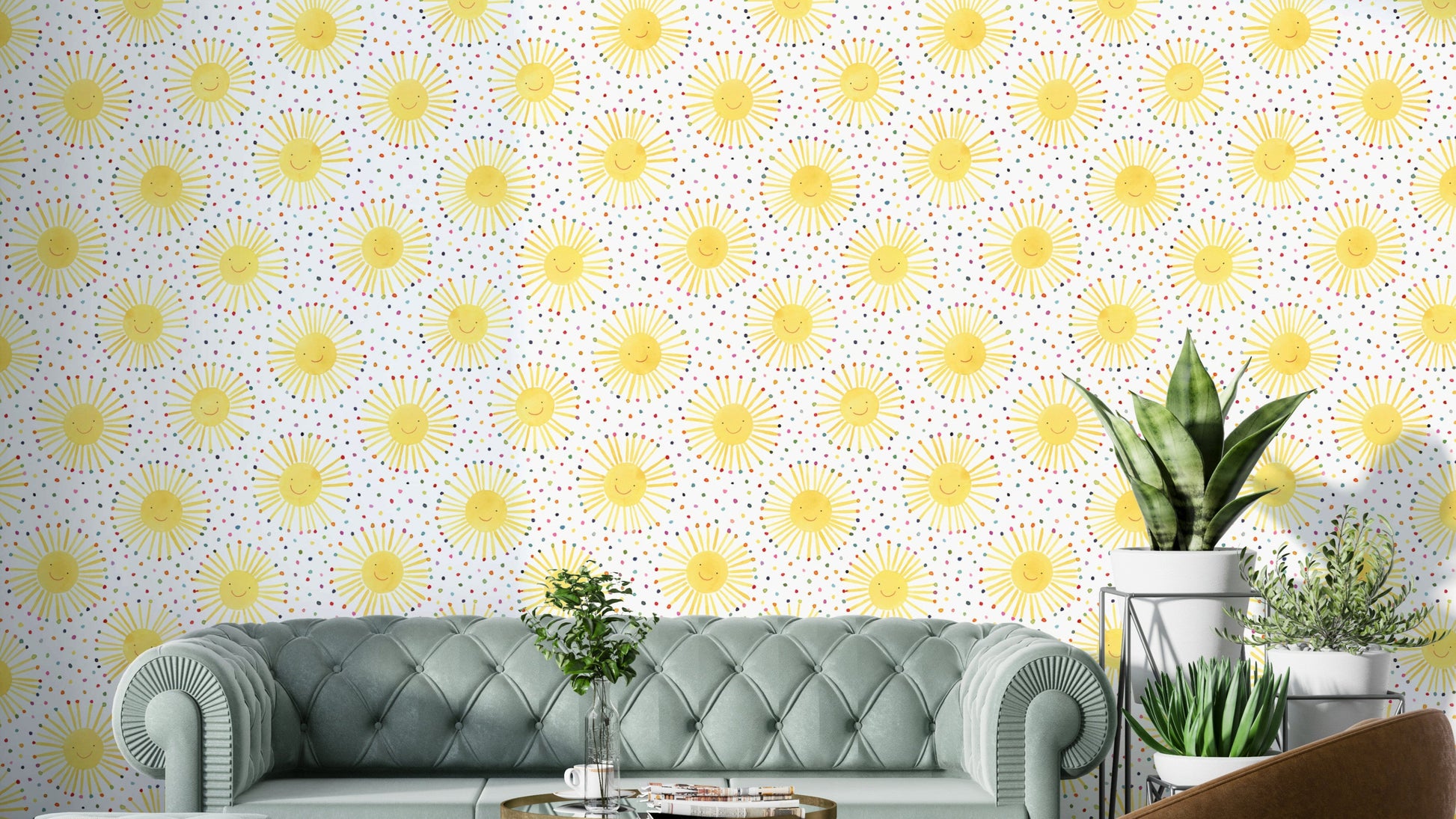 Cute suns smiley wallpaper in Scandinavian nursery style

