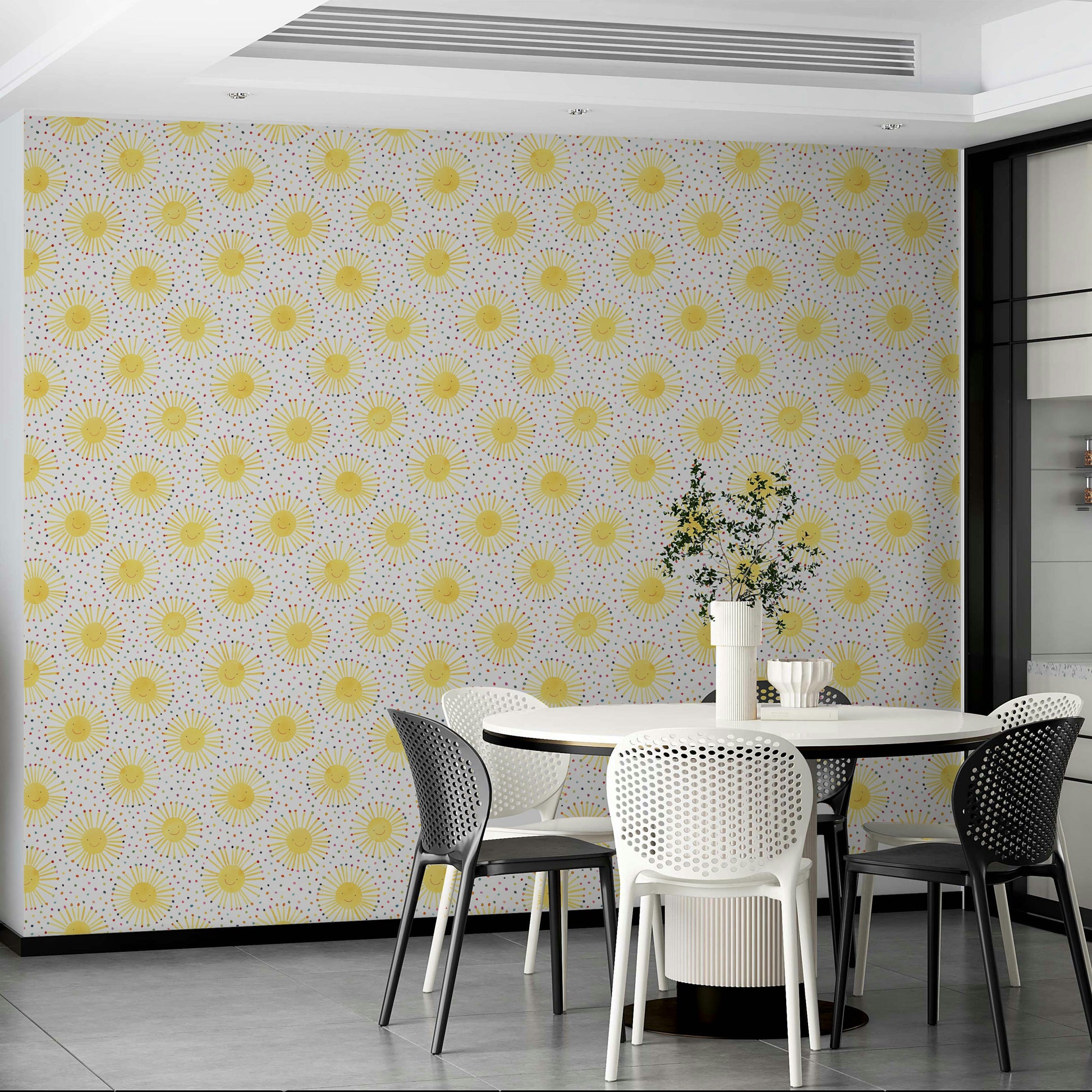 Warm and playful sun design wallpaper for baby room

