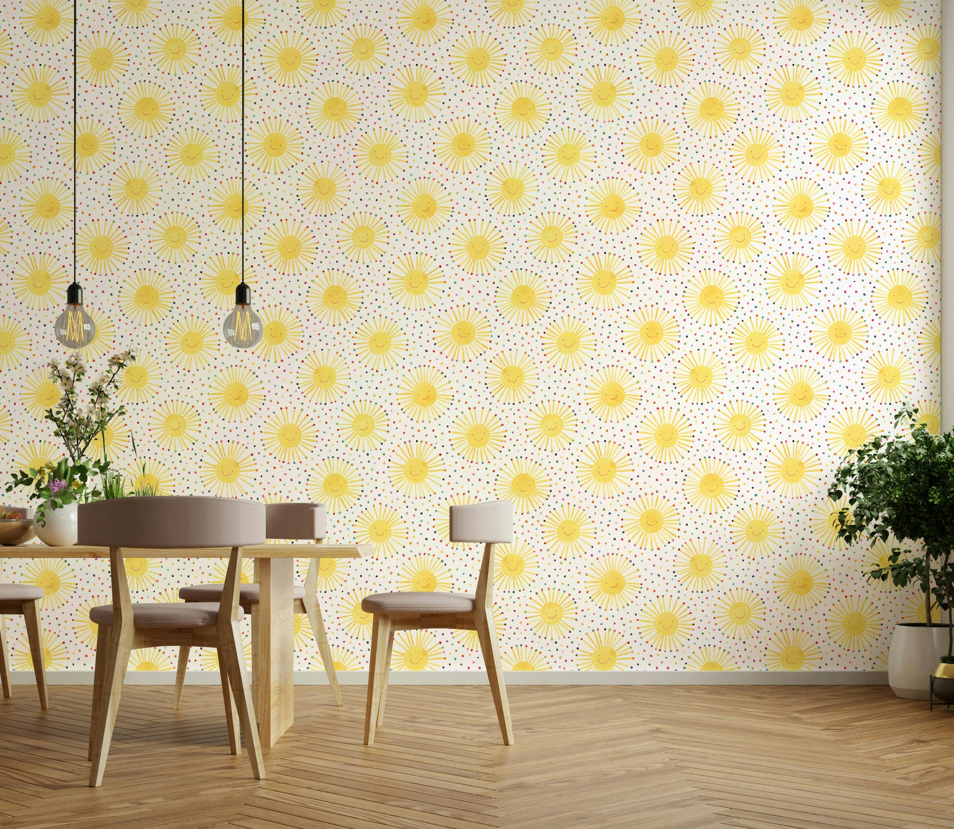Smiley sun wallpaper pattern for Scandinavian nursery


