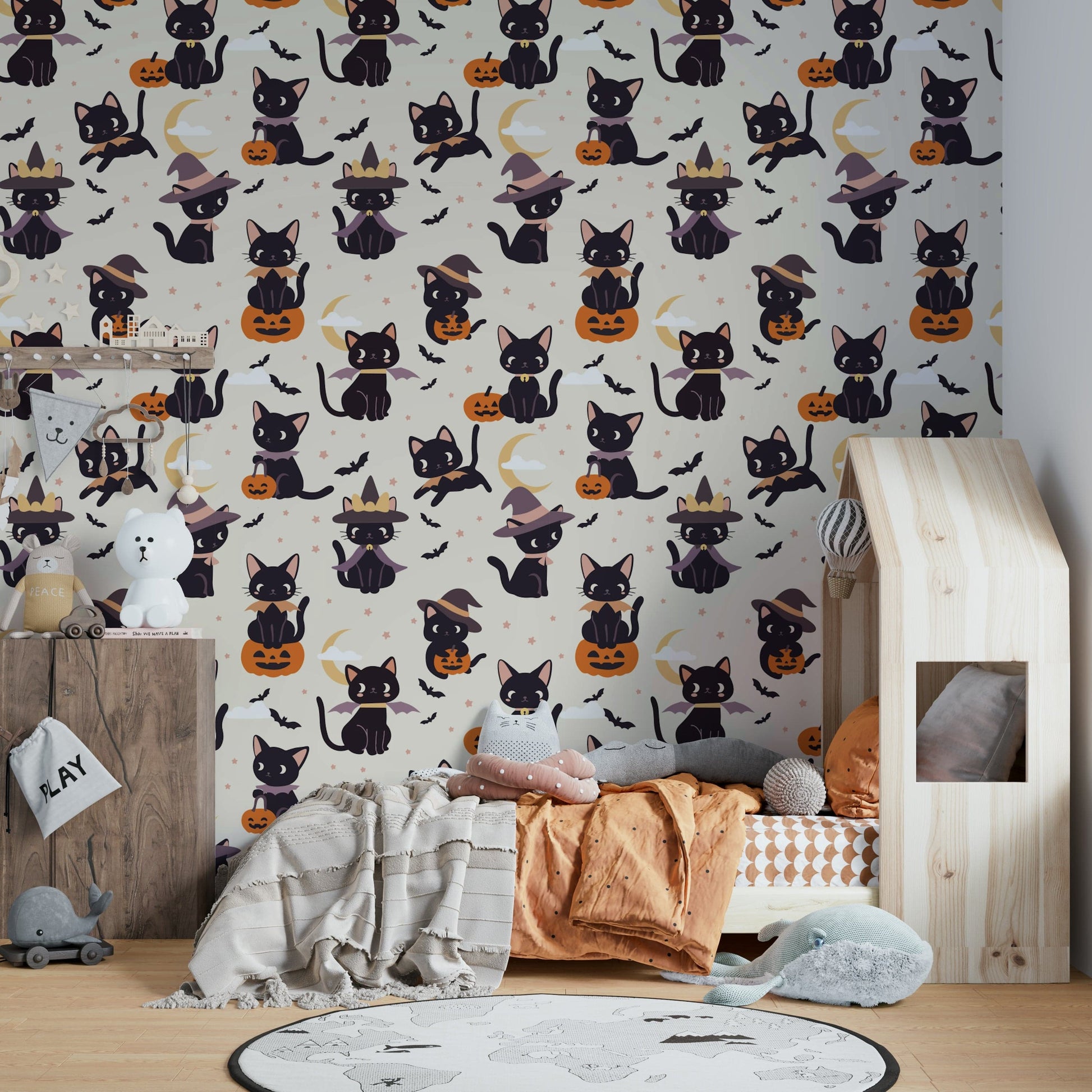 Cute Halloween Witch Cats bat wall mural


