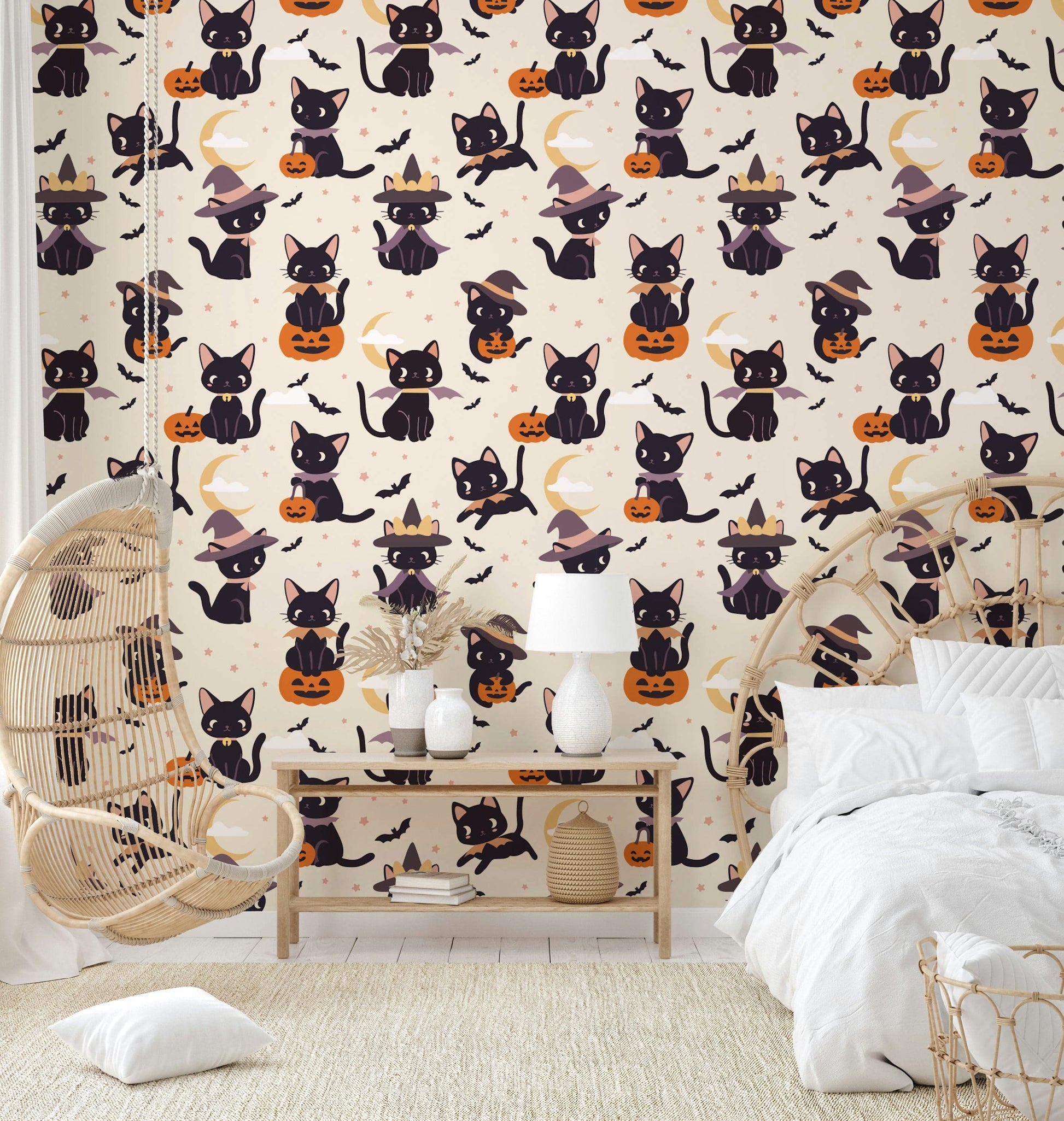 Cute Halloween Witch Cats haunted house wallpaper
