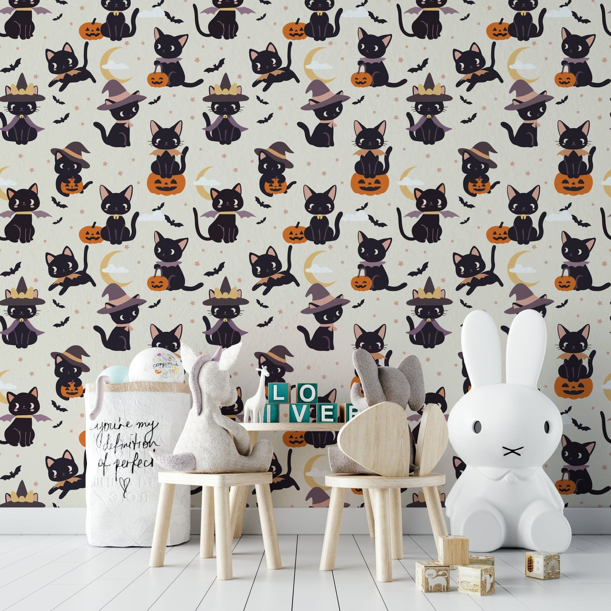 Cute Halloween Witch Cats moon mural wallpaper






