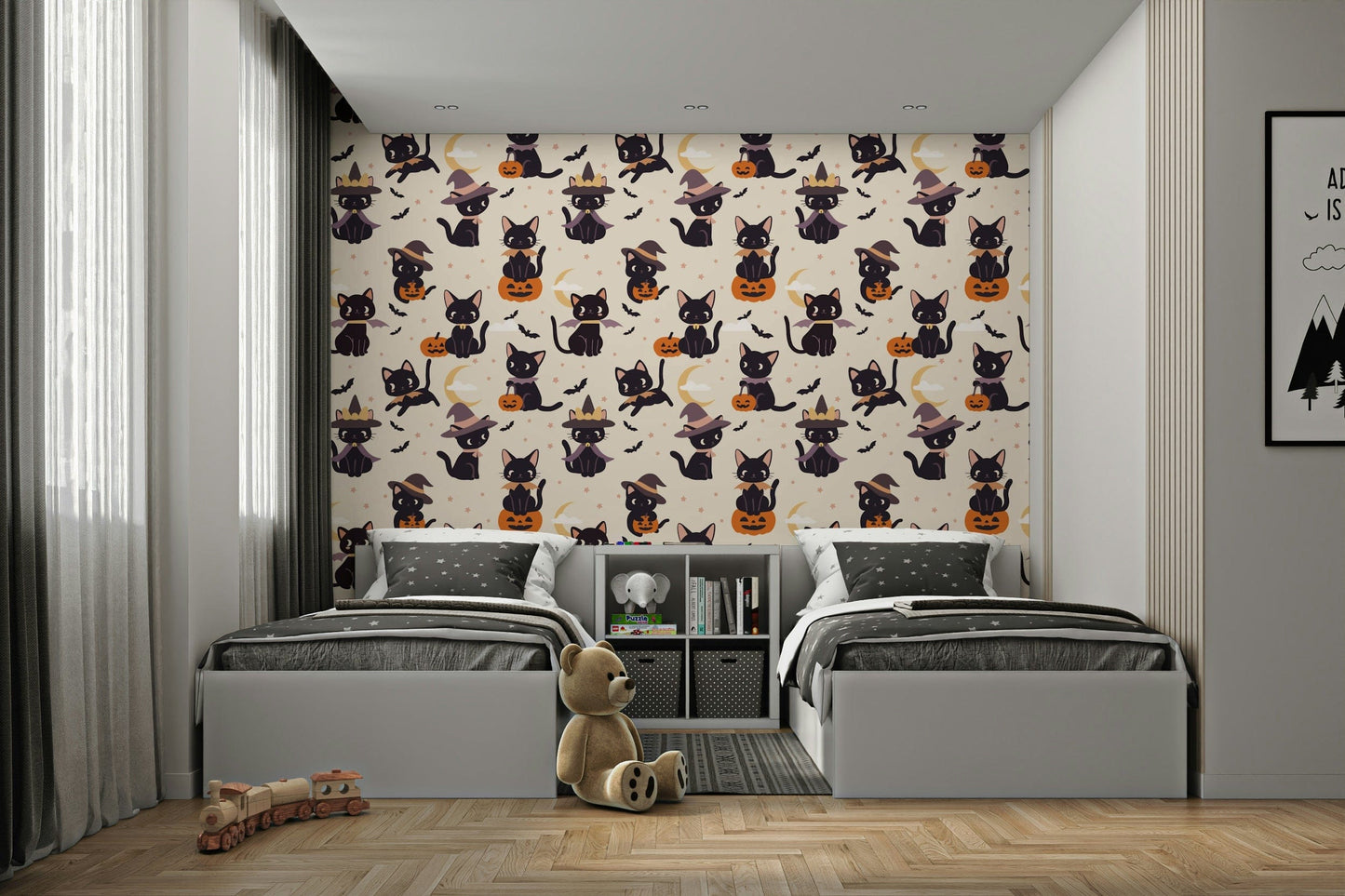 Cute Halloween Witch Cats night mural wallpaper
