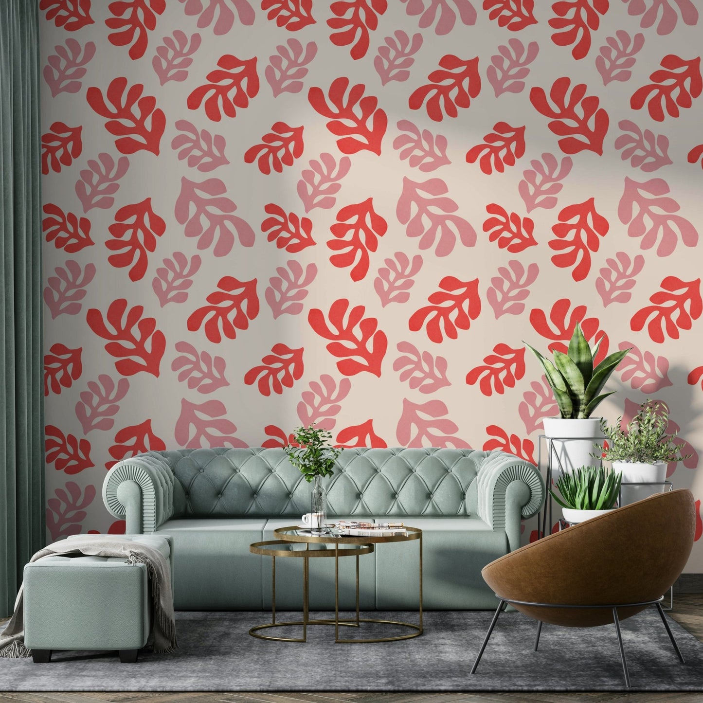 Sage green leaf patterns on a white background for a kitchen feature wall.