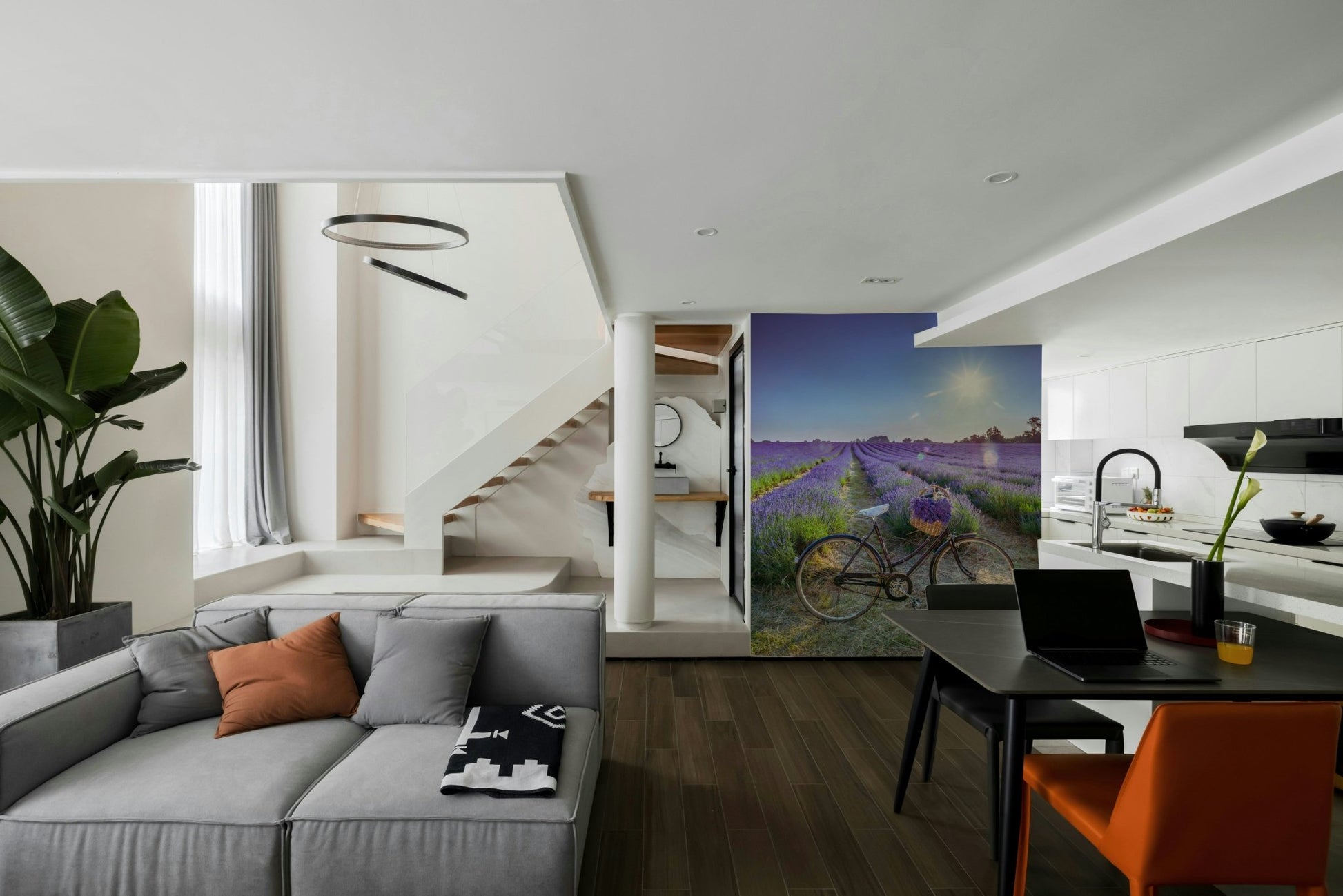 Serene lavender field with bicycle under sunlight mural wallpaper.

