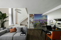 Serene lavender field with bicycle under sunlight mural wallpaper.

