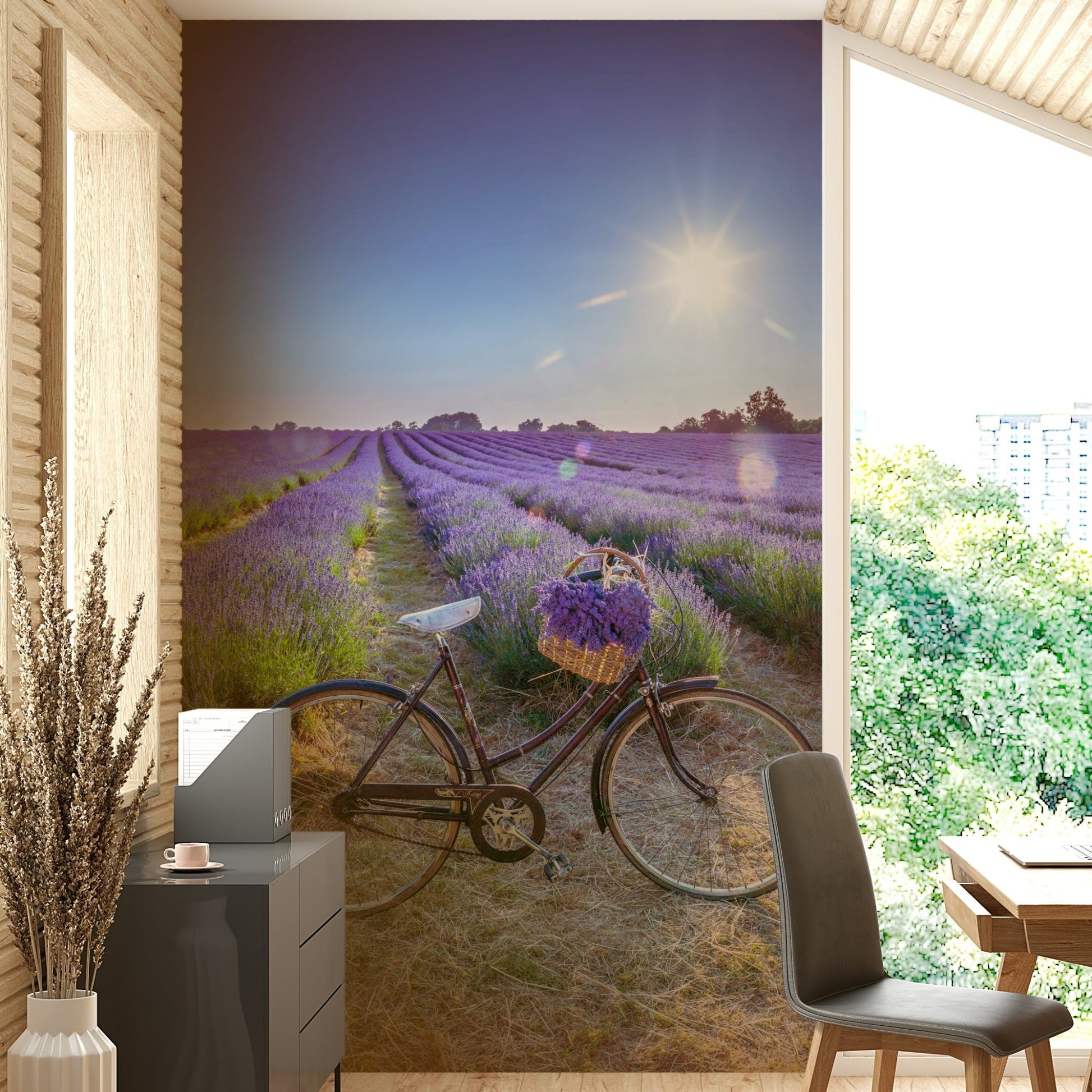 Peaceful lavender field wall mural with a resting bicycle.

