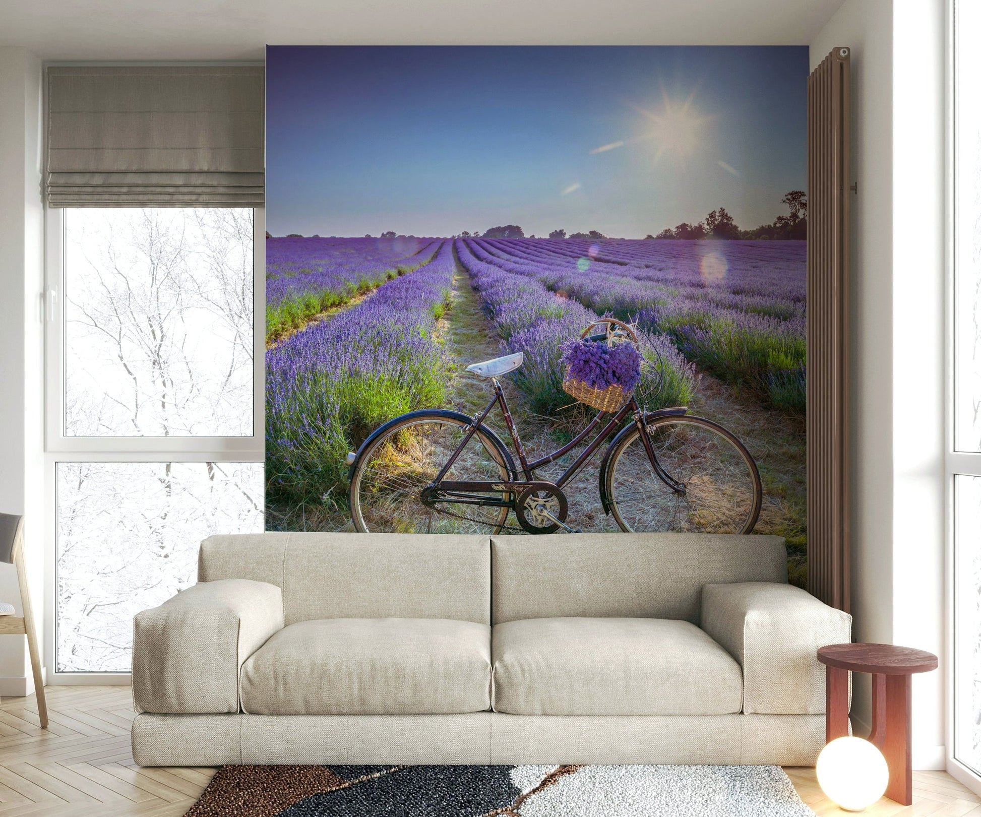 Serene vintage bike in a lavender field wall mural for decor.

