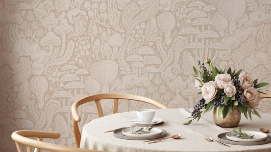 Dagg-Toned Fungi Forest Silhouettes wallpaper in beige behind a round dining table with pink roses