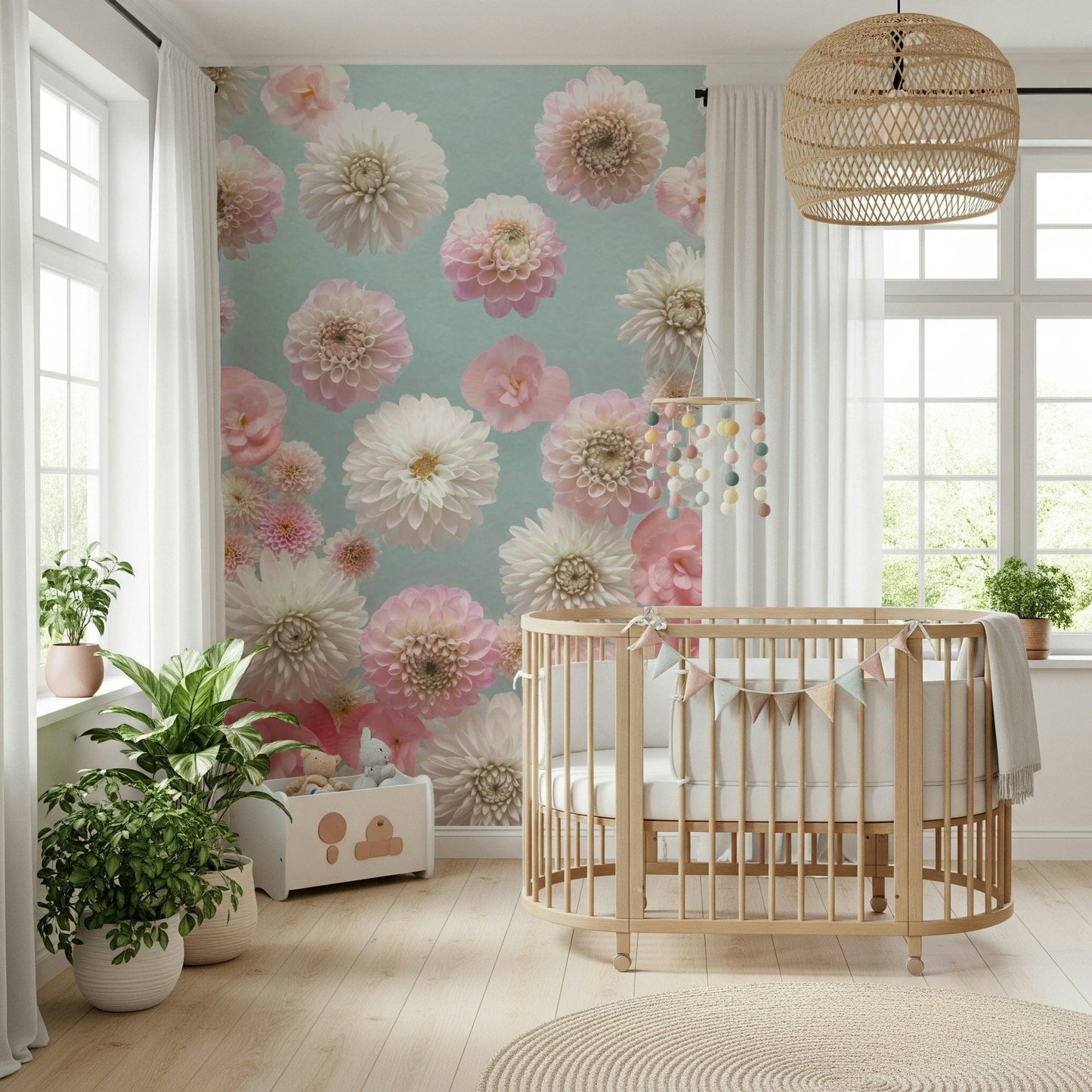 High-resolution floral image with various sizes of pink dahlia flower heads.