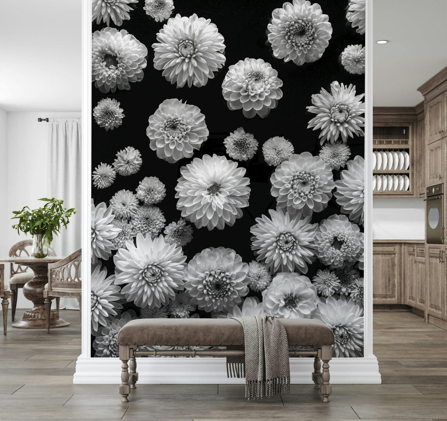 Dahlia Dreamscape black white mural delicate flower design.