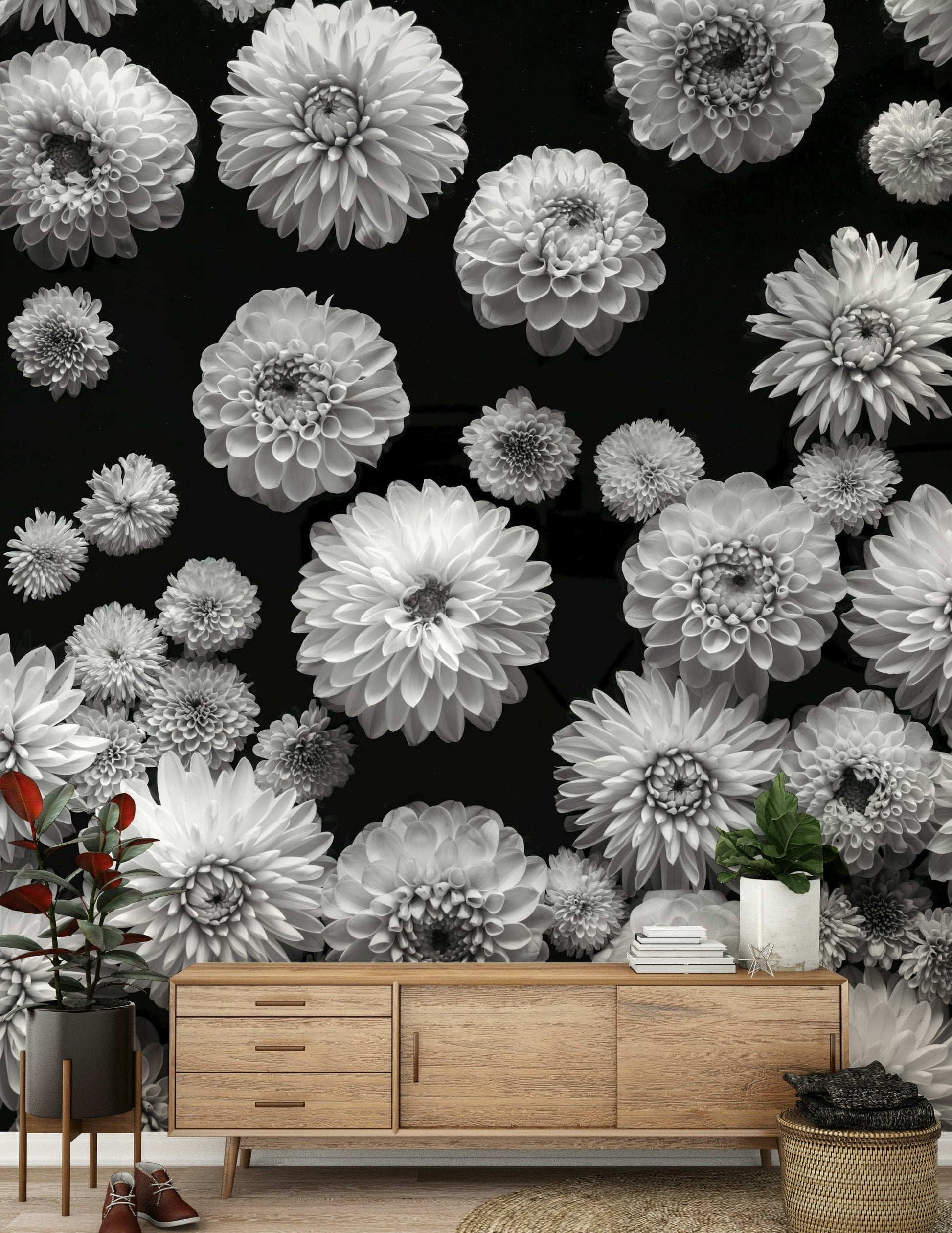 Elegant Dahlia Dreamscape wall covering dense floral arrangement.