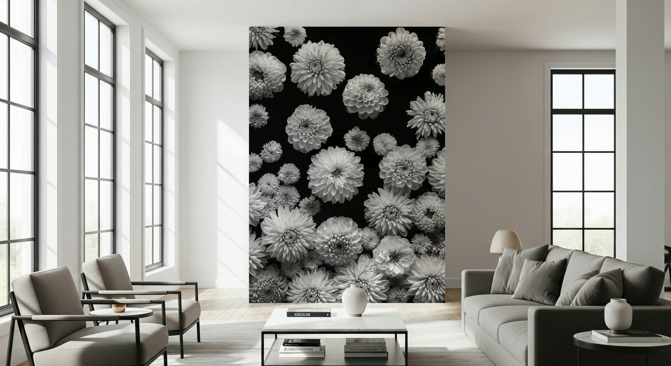 Dahlia Dreamscape wallpaper for walls monochrome bloom pattern.