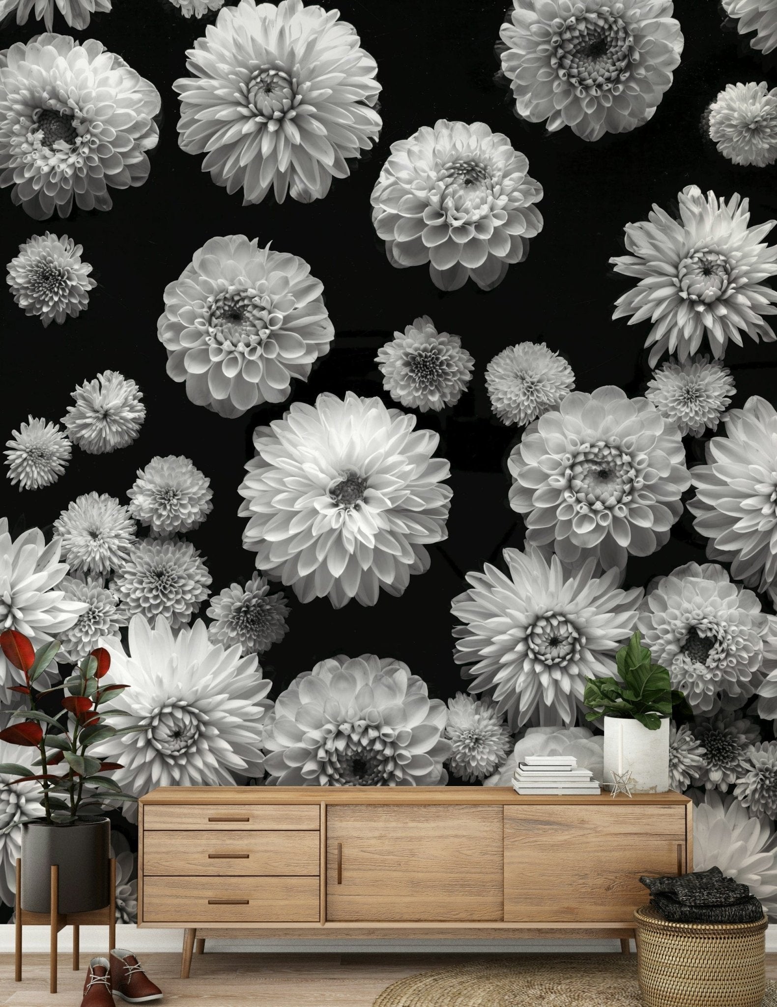Elegant Dahlia Dreamscape wall covering dense floral arrangement.