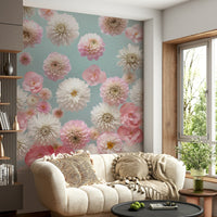 Beautiful wall mural featuring floating dahlia blooms on a light blue background.