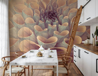 Artistic floral mural showing overlapping tubular dahlia petals in gentle, earthy colors.