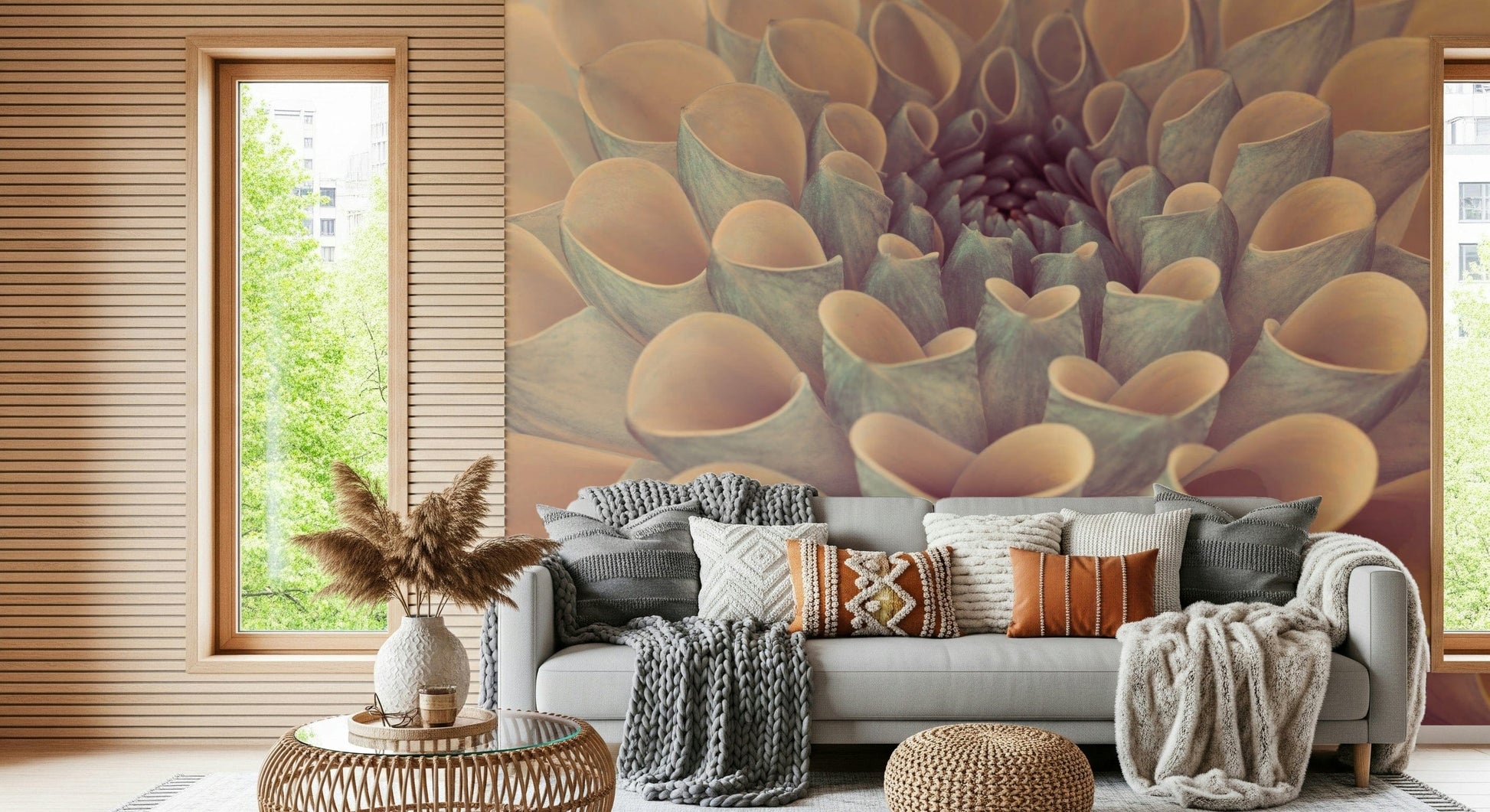 Dahlia petals wall mural featuring a close-up view of swirling, layered petals in soft pastel tones.