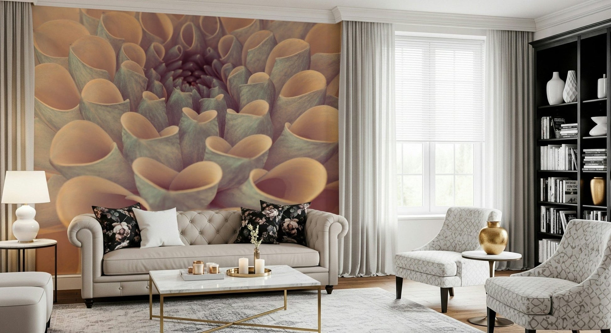 Close-up flower mural capturing the delicate structure and depth of a dahlia bloom.