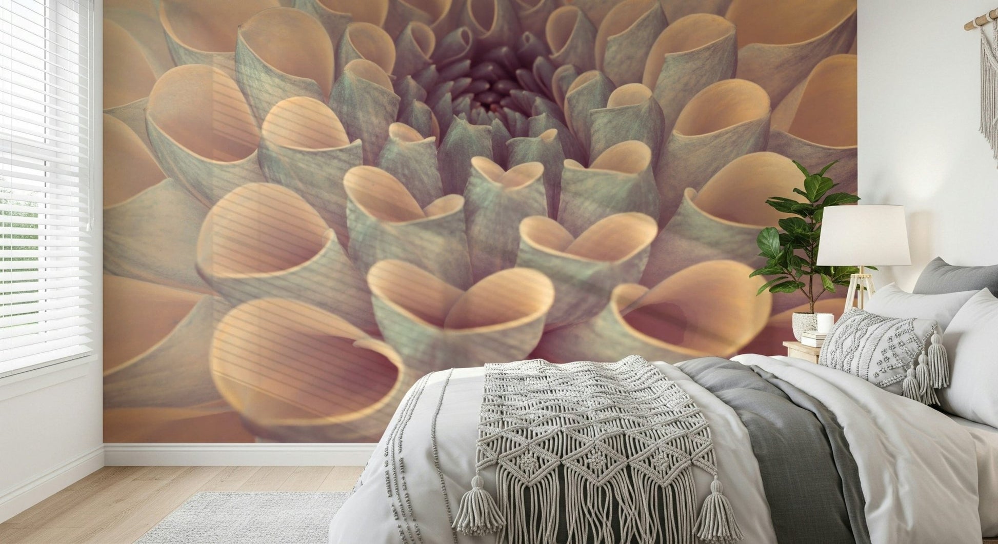 Soft botanical mural with curled dahlia petals in muted peach and sage hues.
