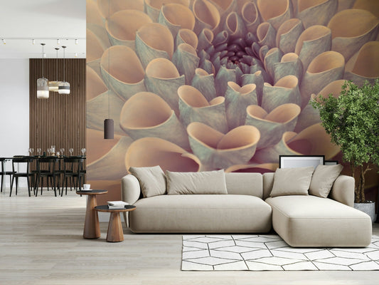 Textured botanical mural featuring the organic swirl of dahlia petals in a macro perspective.