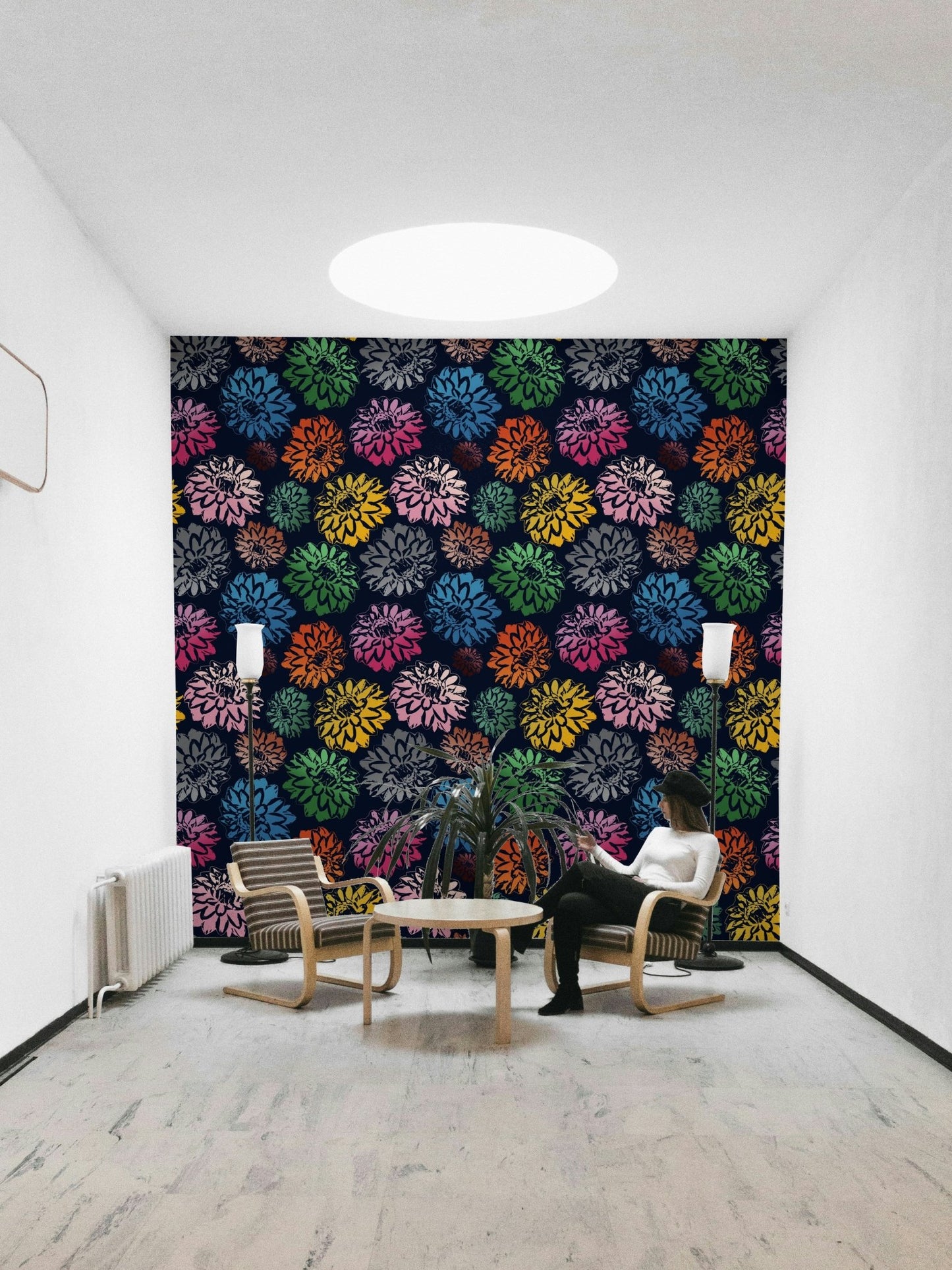 Dahlias Colors Navy mural for a bedroom.

