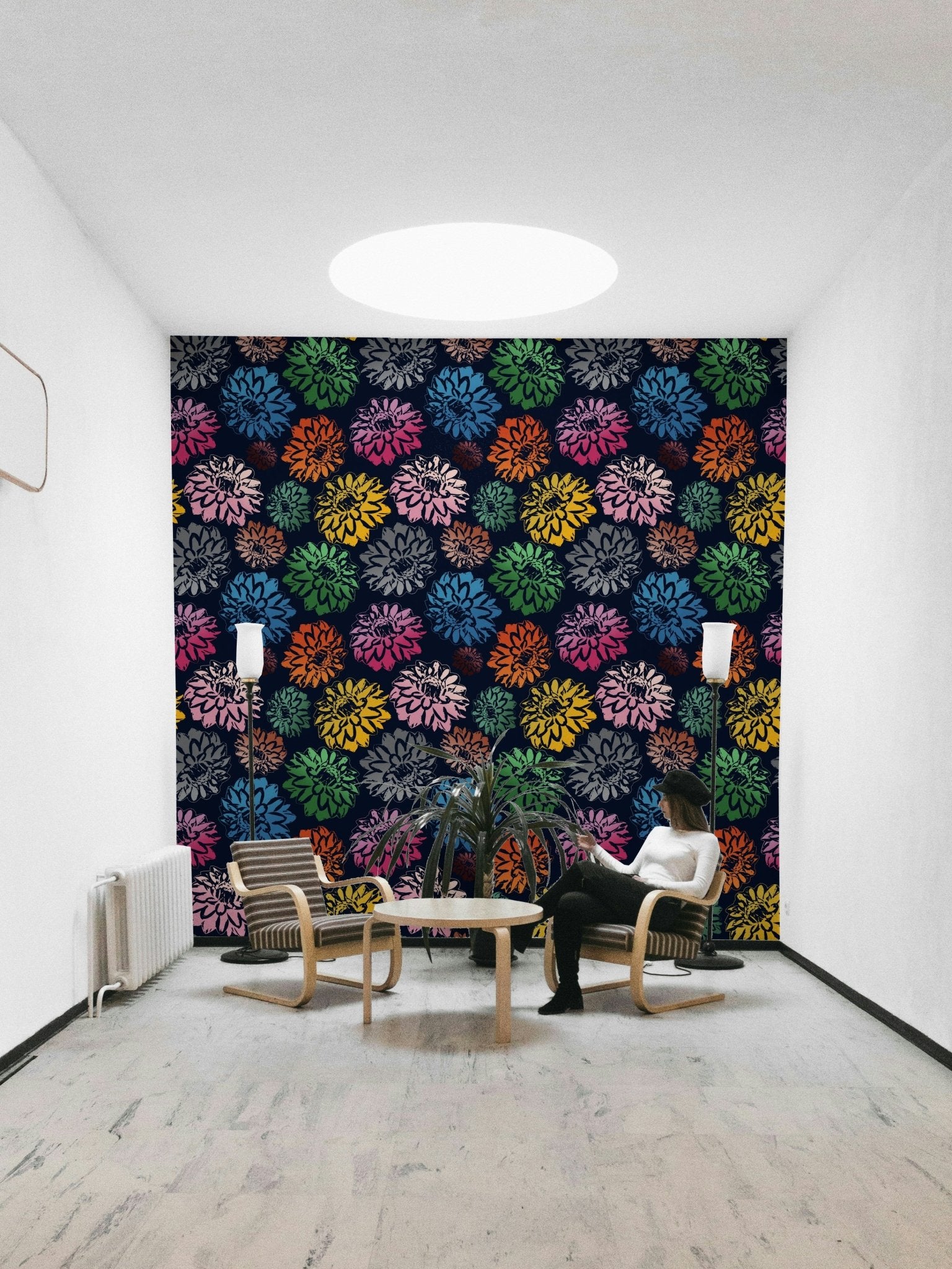 Dahlias Colors Navy mural for a bedroom.

