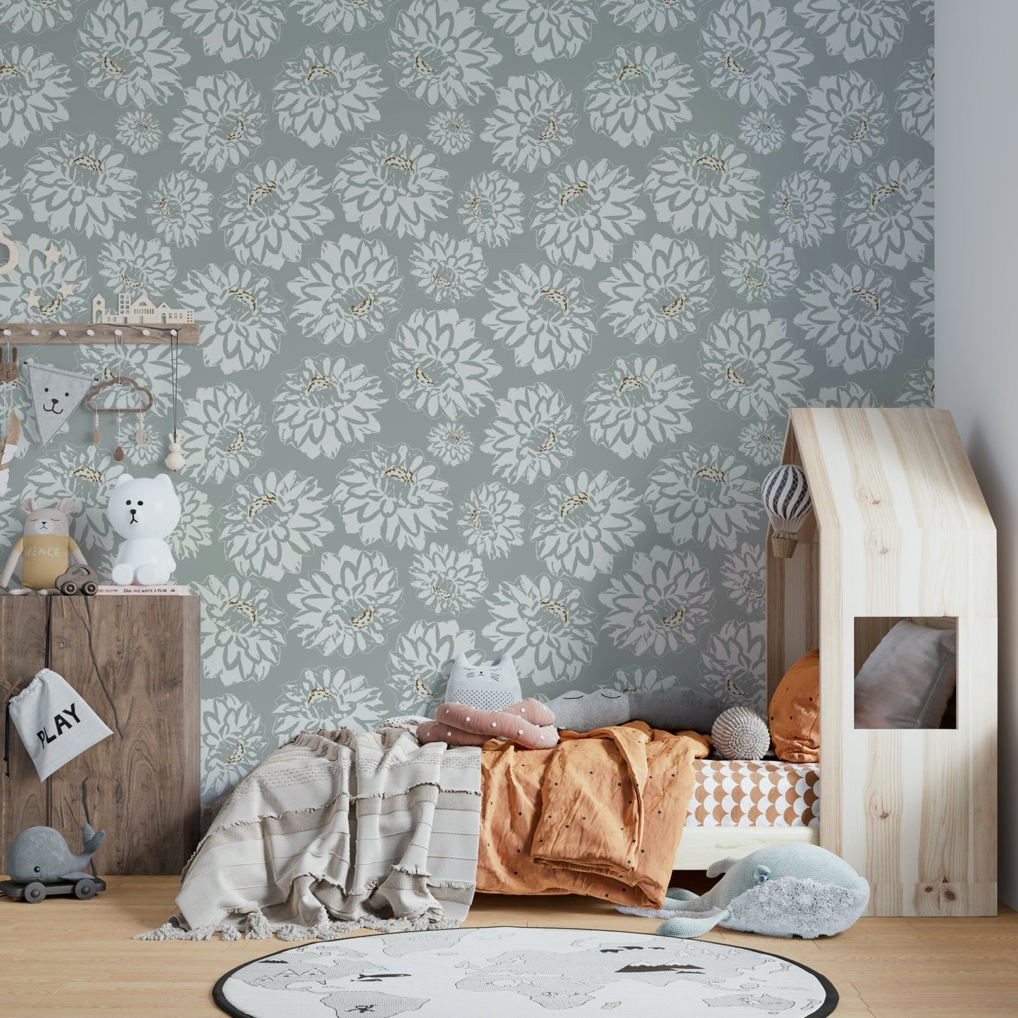 Dahlias Soft Blue mural for a living room.

